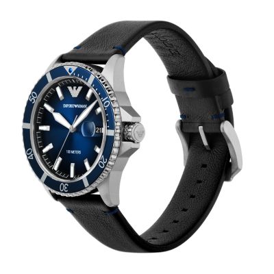 Emporio Armani Leather Watch AR11516 Black - Three-Hand Watch Date Station 
