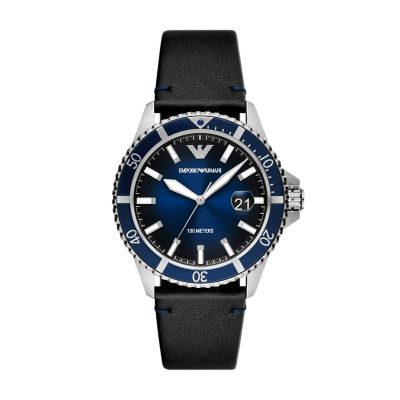 Emporio Armani Three-Hand Date Black Leather Watch