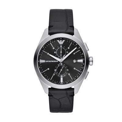 Black - - Emporio Leather Watch Station Armani Watch Chronograph AR11542