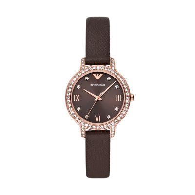 Emporio Armani Three-Hand Brown Leather Watch