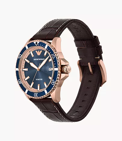 AR11556 Leather Armani Watch - - Emporio Brown Watch Three-Hand Date Station