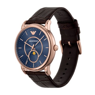 AR11566 Brown Watch Emporio Moonphase - - Armani Watch Leather Station Three-Hand