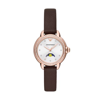 Emporio Armani Three-Hand Moonphase Brown Leather Watch