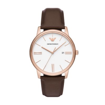 - AR11572 - Three-Hand Watch Brown Armani Station Leather Watch Date Emporio