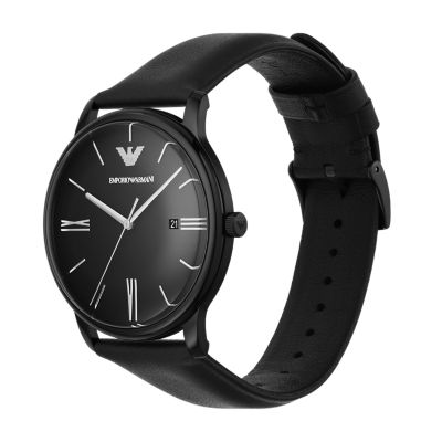 Emporio Armani Three-Hand Station - Leather Watch Date Watch AR11573 Black 