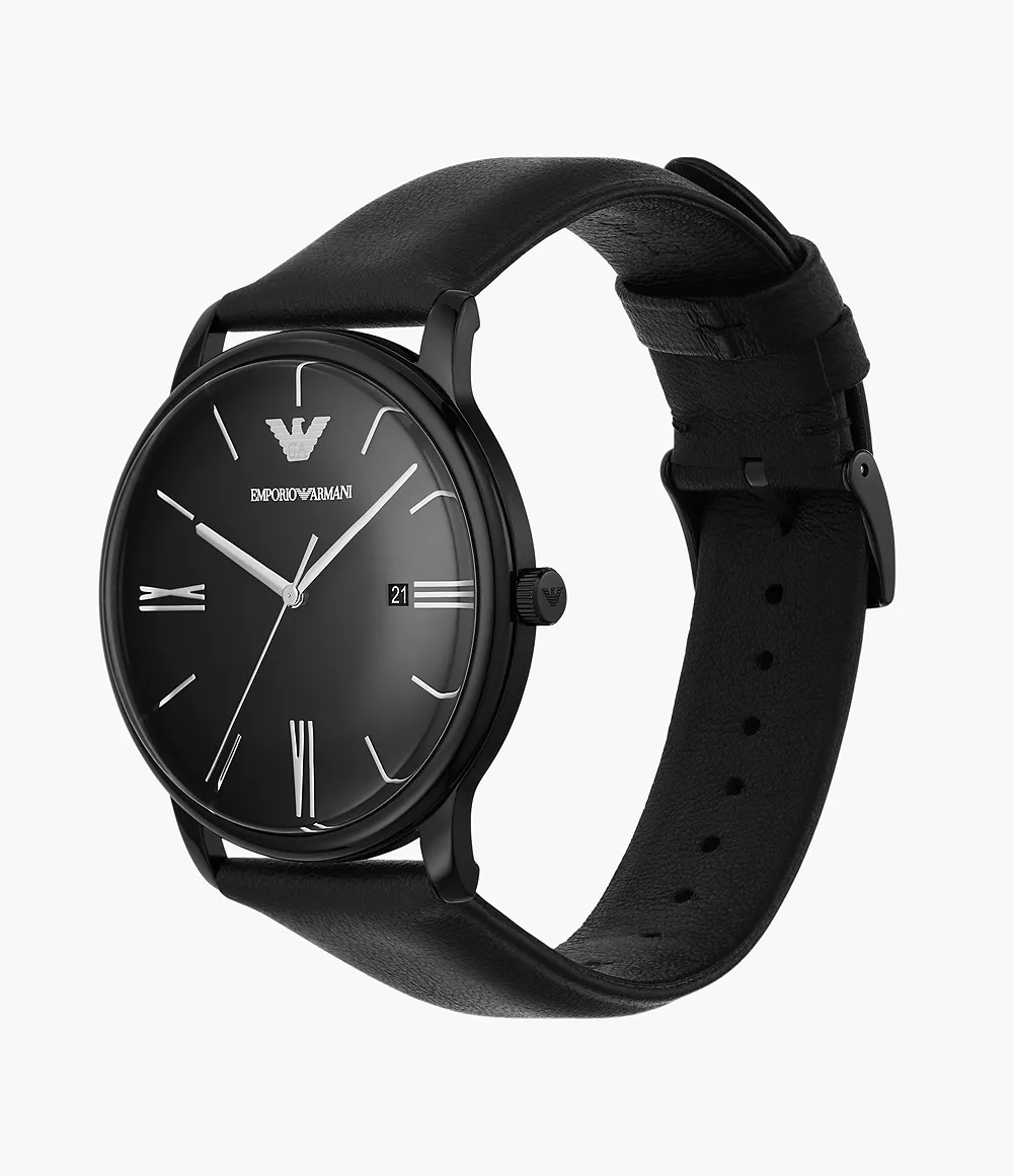 Emporio Armani Three-Hand Date Black Leather Watch - AR11573 - Watch Station