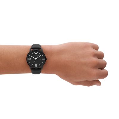 Leather AR11573 Three-Hand Emporio Watch Date - Armani Black - Station Watch