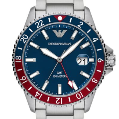 Montre à mouvement GMT à deux fuseaux horaires en acier inoxydable World Explorer Emporio Armani