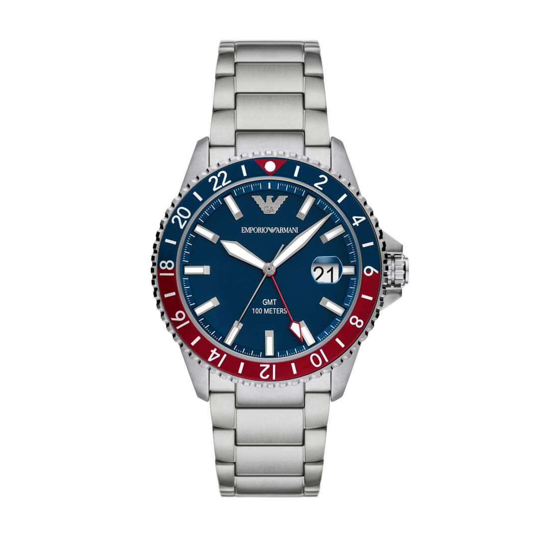 Emporio Armani Mens World Explorer Gmt Dual Time Stainless Steel Watch  Silver