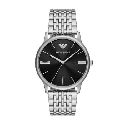 - Emporio Stainless AR11578 Watch Station Three-Hand Mesh Date Armani Steel - Watch