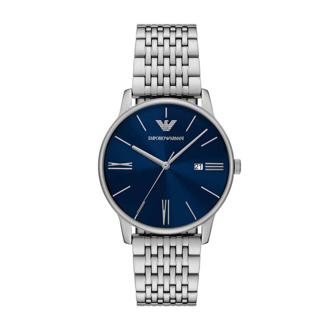 Emporio Armani Mens ThreeHand Date Stainless Steel Watch  Silver