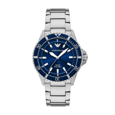 Argenté for Montre solaire World Explorer Emporio Armani à trois aiguilles en acier inoxydable