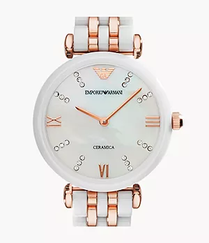 Emporio Armani Women's Two-Hand White Ceramic and Rose Gold-Tone Stainless Steel Watch