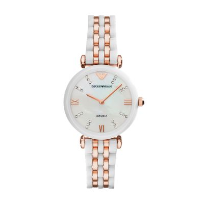 Emporio Armani Women's Two-Hand White Ceramic and Gold-Tone Steel Watch - AR1489 - Watch Station
