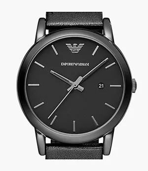 Emporio Armani Men’s Three-Hand Black Leather Watch