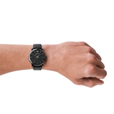Date Station Emporio Watch Men\'s Armani Black Three-Hand Leather - - AR1732 Watch
