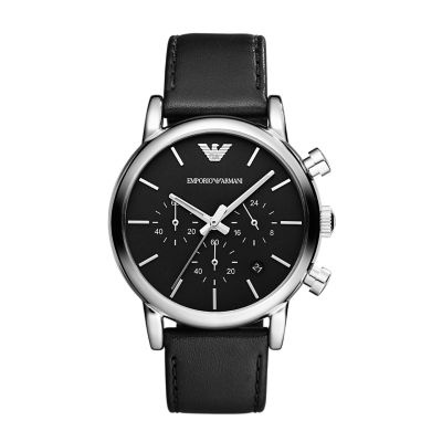 Emporio Armani Three-Hand Black Leather 