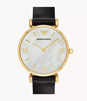 Emporio Armani Women's Two-Hand Black Leather Watch