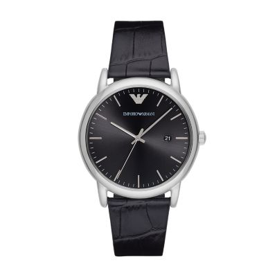 Emporio Armani Three-Hand Date Black Leather Watch