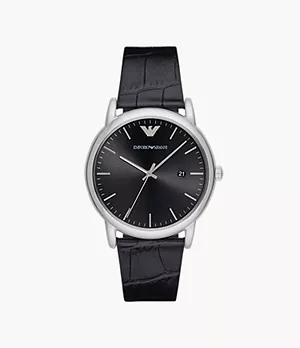Emporio Armani Three-Hand Date Black Leather Watch