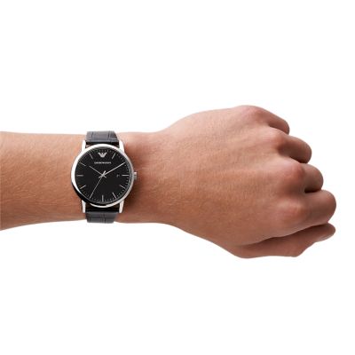 Black Armani Date Emporio Watch Three-Hand - - Watch Station Leather AR2500