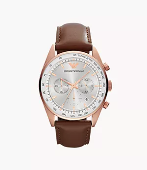 Emporio Armani Men's Two-Hand Brown Leather Watch