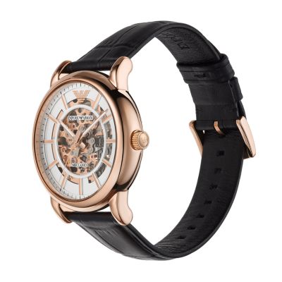 Montre automatique en cuir noir pour hommes Emporio Armani