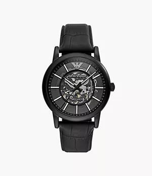 Emporio Armani Men's Automatic Black Leather Watch