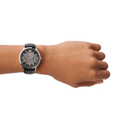 Emporio Armani Automatic Black Leather Watch - AR60038