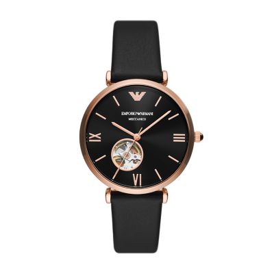 Emporio Armani Automatic Black Leather Watch AR60064 Watch Station