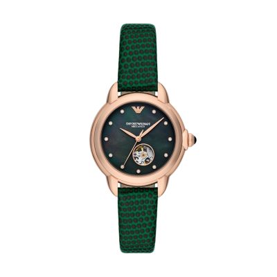 - Leather Emporio Watch Armani Station Green - Automatic AR60073 Watch