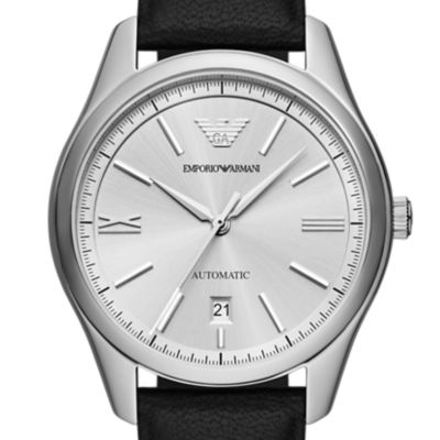 Emporio Armani Automatic Three-Hand Date Black Leather Watch