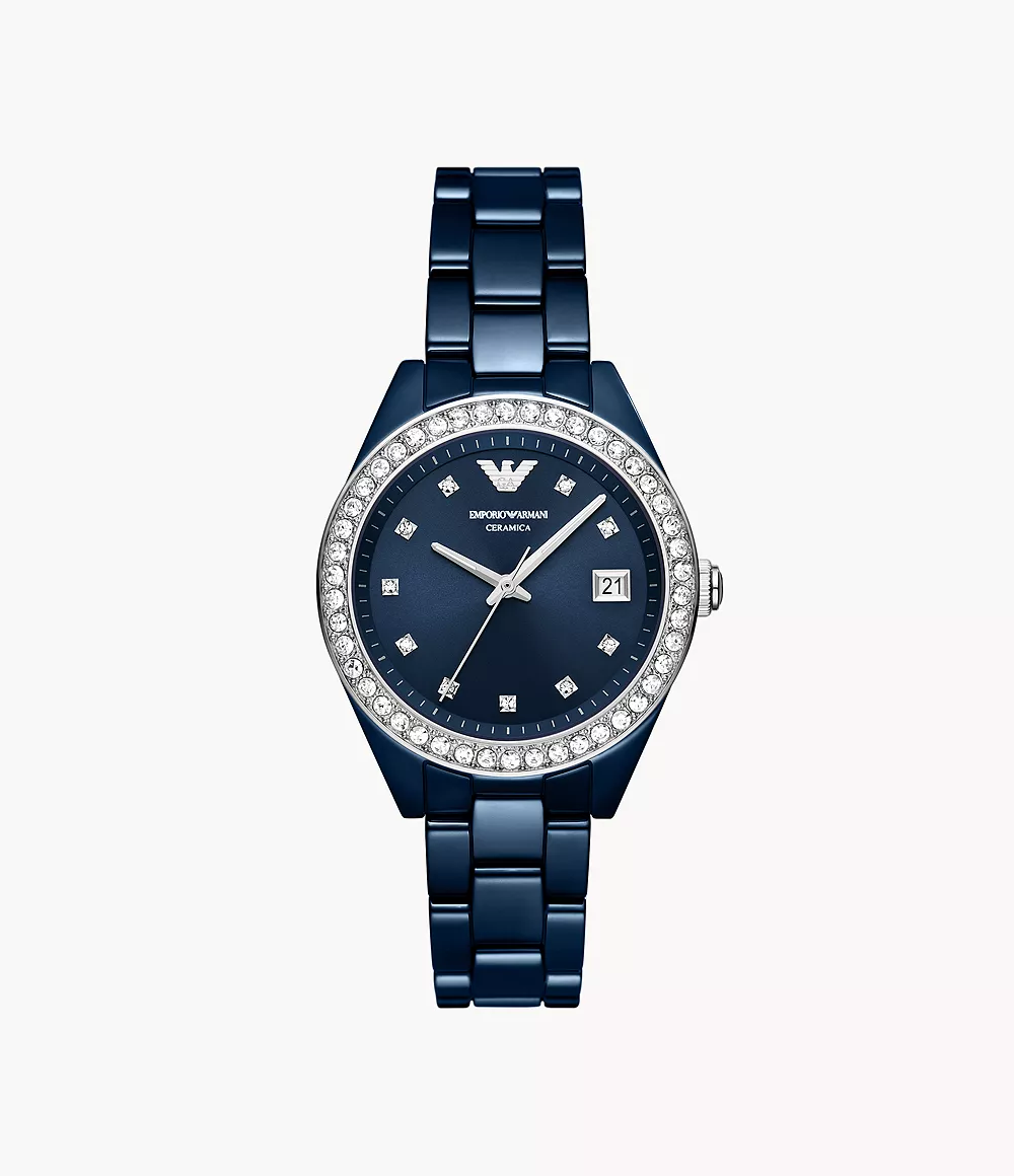 Emporio Armani Women’s Emporio Armani Three-Hand Date Blue Ceramic Watch