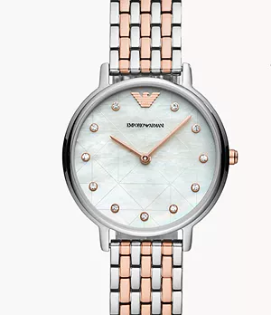 Coffret cadeau de montre à deux aiguilles en acier inoxydable bicolore pour femmes Emporio Armani