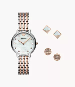 Coffret cadeau de montre à deux aiguilles en acier inoxydable bicolore pour femmes Emporio Armani