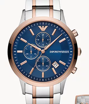 Coffret cadeau de montre chronographe pour hommes en acier inoxydable bicolore Emporio Armani