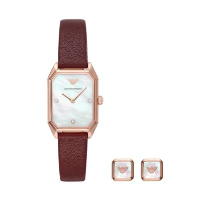 Emporio Armani Two-Hand Black Leather Watch and Rose Gold-Tone