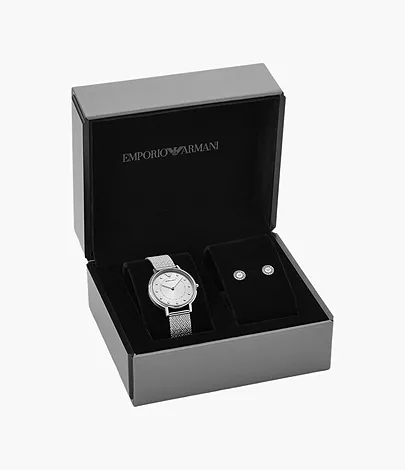Emporio Armani Two-Hand Stainless Steel Watch and Earrings Gift Set -  AR80029 - Watch Station