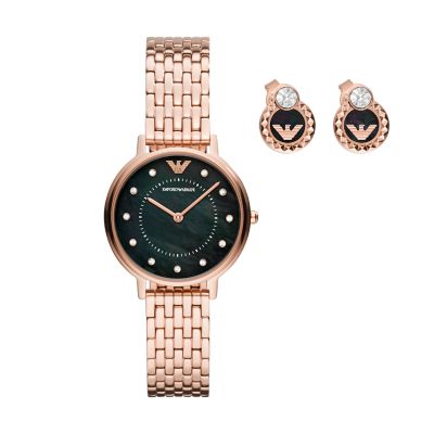 Emporio Armani Three-Hand Rose Gold-Tone Watch and Earring Set