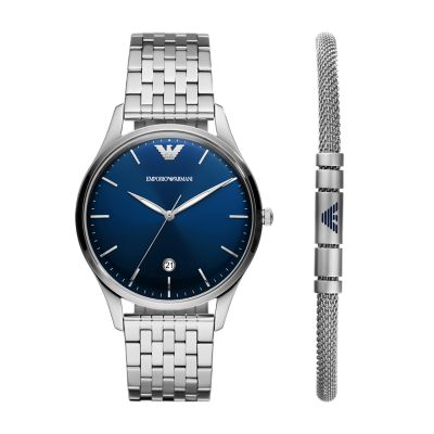 Armani silver watch online blue face