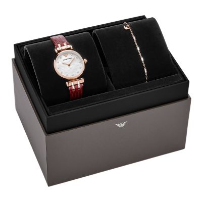 Emporio Armani Two-Hand Burgundy Leather Watch and Bracelet Gift