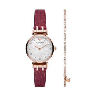 Emporio Armani Two-Hand Burgundy Leather Watch and Bracelet Gift Set