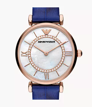 Coffret cadeau composé d’une montre à deux aiguilles en cuir bleu et de boucles d’oreilles Emporio Armani