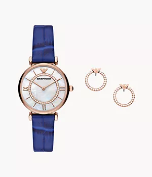 Coffret cadeau composé d’une montre à deux aiguilles en cuir bleu et de boucles d’oreilles Emporio Armani