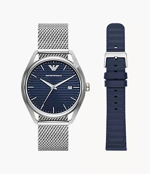 Ensemble composé d’une montre à trois aiguilles avec date en mailles d’acier inoxydable et d’un bracelet interchangeable Emporio Armani
