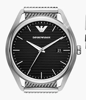 Emporio Armani Three-Hand Date Stainless Steel Mesh Watch and Interchangeable Strap Set