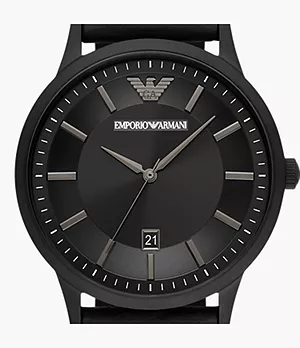 Emporio Armani Three-Hand Date Black Leather Watch and Bracelet Gift Set