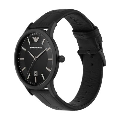 Emporio Armani Three-Hand Date Black Leather Watch and Bracelet