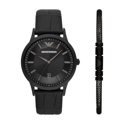 Emporio Armani Three Hand Date Black Leather Watch and Bracelet