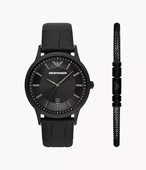 Coffret cadeau avec montre à trois aiguilles avec date en cuir noir et bracelet Emporio Armani